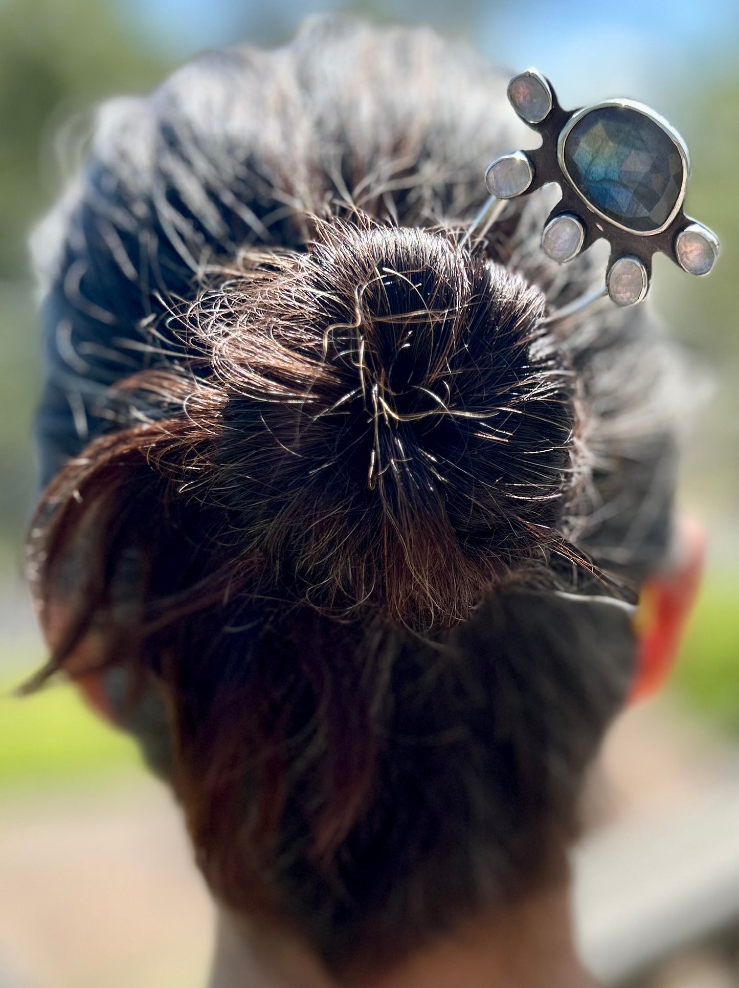 Labradorite and moonstone flower hair stick